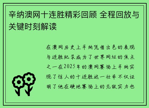 辛纳澳网十连胜精彩回顾 全程回放与关键时刻解读