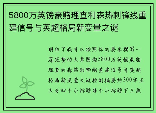 5800万英镑豪赌理查利森热刺锋线重建信号与英超格局新变量之谜