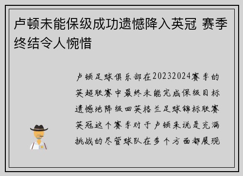 卢顿未能保级成功遗憾降入英冠 赛季终结令人惋惜 卢顿未能保级成功遗憾降入英冠 赛季终结令人惋惜