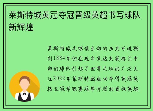 莱斯特城英冠夺冠晋级英超书写球队新辉煌 莱斯特城英冠夺冠晋级英超书写球队新辉煌